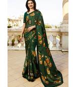 dark green printed silk blend saree with blouse