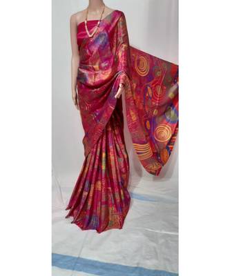 Pink printed silk blend saree with blouse 1