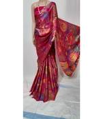 Pink printed silk blend saree with blouse