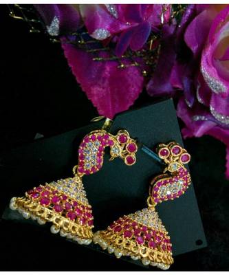 Gorgeous White And Red Colour Stones Peacock Jumkas 1