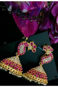 Gorgeous White And Red Colour Stones Peacock Jumkas