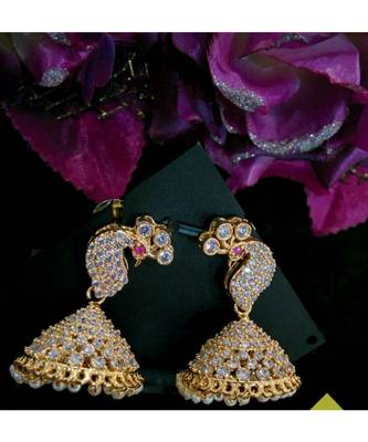 White Alloy Copper Gold Plated Peacock Design Jhumka Earrings 1