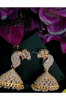 White Alloy Copper Gold Plated Peacock Design Jhumka Earrings