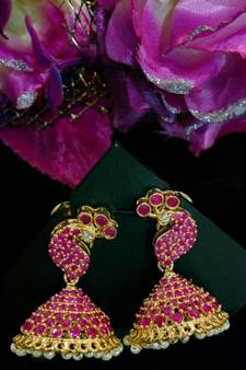 Gorgeous Red Colour Stones Peacock Jumkas