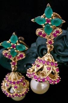 Pink Stones And Embroled Jhumkas