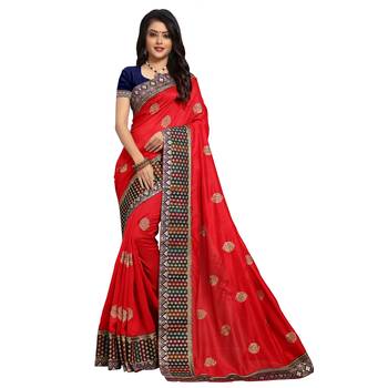 Red embroidered art silk saree with blouse 1
