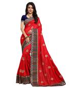 Red embroidered art silk saree with blouse