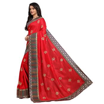 Red embroidered art silk saree with blouse 2