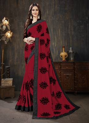 Red embroidered silk saree with blouse 1