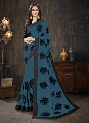 Blue embroidered silk saree with blouse 1