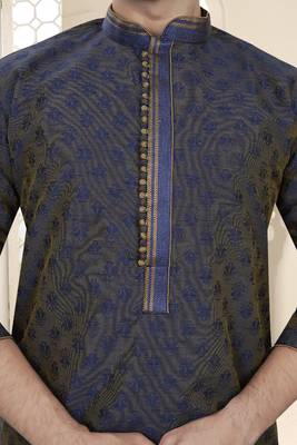Mens Blue Booti Jacquard Kurta Set 2