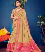 Beige woven silk blend saree with blouse