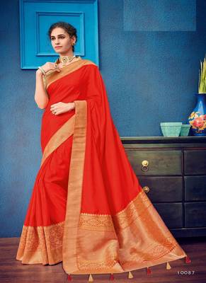   scarlet red woven silk blend saree with blouse 1
