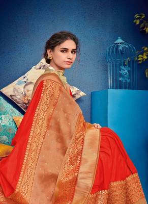   scarlet red woven silk blend saree with blouse 2