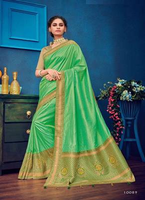   parrot green woven silk blend saree with blouse 1