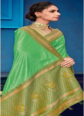   parrot green woven silk blend saree with blouse 2