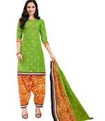 Women's Parrot Green & Orange Cotton Printed Unstitch Dress Material With Dupatta