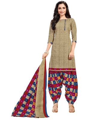 Women's Beige & Maroon Cotton Printed Unstitch Dress Material With Dupatta 1