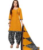 Women's Dark Yellow & Black Cotton Printed Unstitch Dress Material With Dupatta