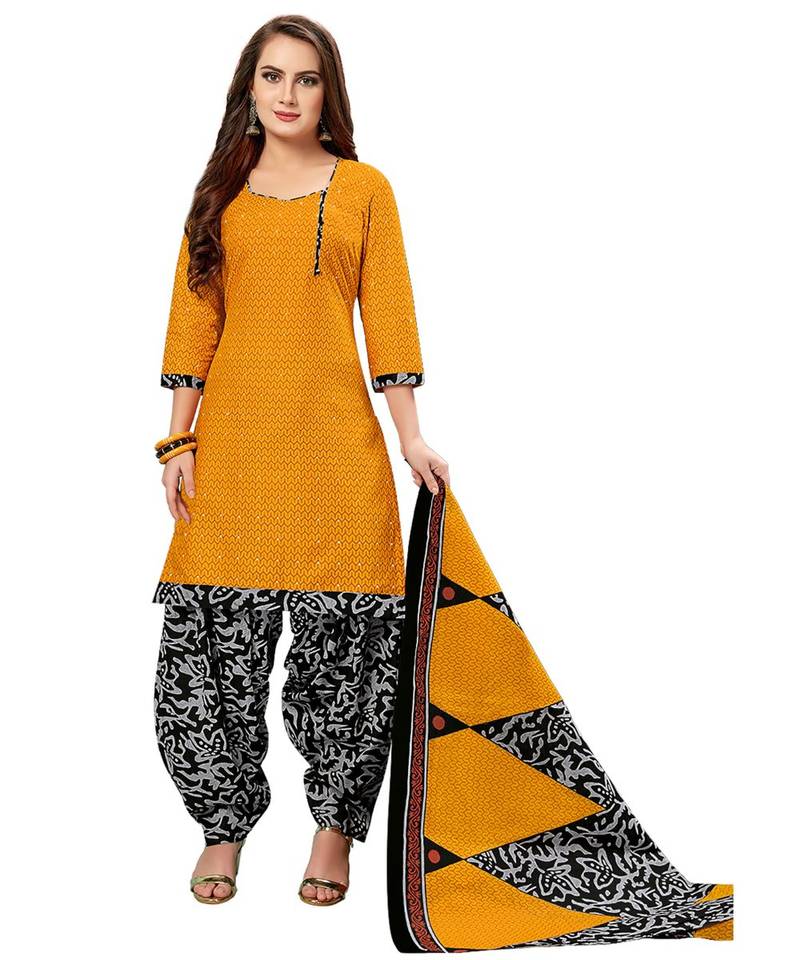 Women's Dark Yellow & Black Cotton Printed Unstitch Dress Material With Dupatta