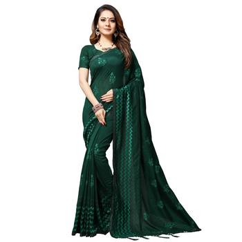 Dark green embroidered silk blend saree with blouse 1