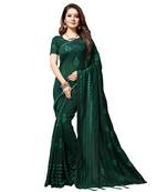 Dark green embroidered silk blend saree with blouse