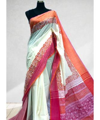 Block Printed Off White Khadi Saree 1