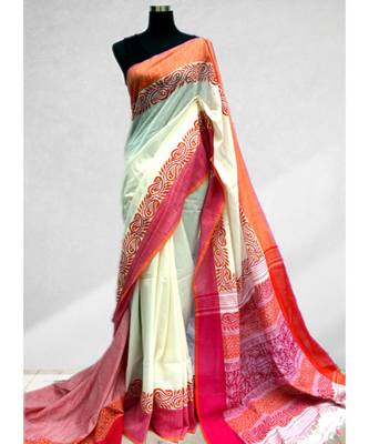 Block Printed Off White Khadi Saree 2