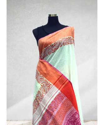 Block Printed Off White Khadi Saree 3