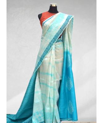 Celeste Color And White Tie&Dye Pure Silk Saree 1