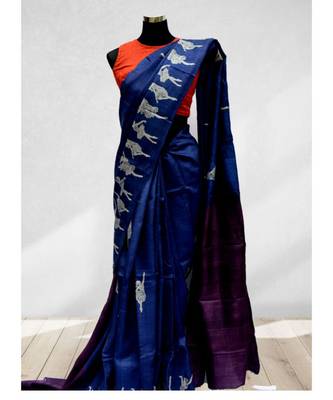 Blue Color Doll Printed Tussar Silk Saree 1