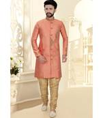 Mens Peach  Jacquard Semi Indowestern
