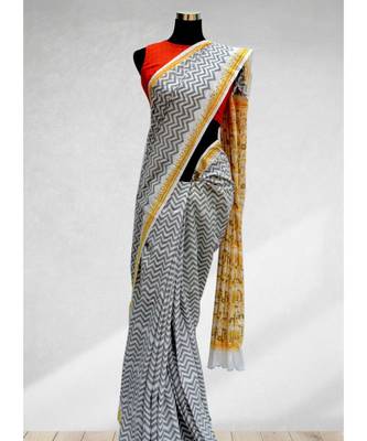 Fossil Gray Color Zigzag Pattern Tribal Designing Mal Cotton Saree 1