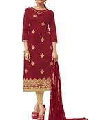 Maroon & Beige Modal Silk Embroidered Dress Material With Laheria Dupatta