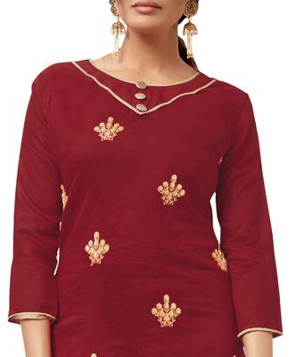 Maroon & Beige Modal Silk Embroidered Dress Material With Laheria Dupatta 4