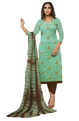 Turquoise & Brown Modal Silk Embroidered Dress Material With Laheria Dupatta 1