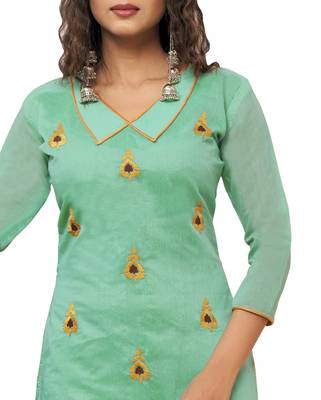 Turquoise & Brown Modal Silk Embroidered Dress Material With Laheria Dupatta 4