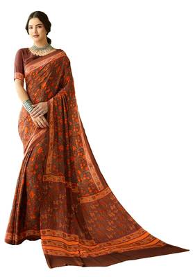 Brown Printed Crepe Saree With Blouse 1