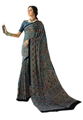 Blue Printed Crepe Saree With Blouse 1