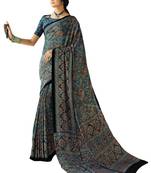 Blue Printed Crepe Saree With Blouse