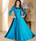 Sky Party Wear Gownblue Embroidered Satin Party Wear Gown