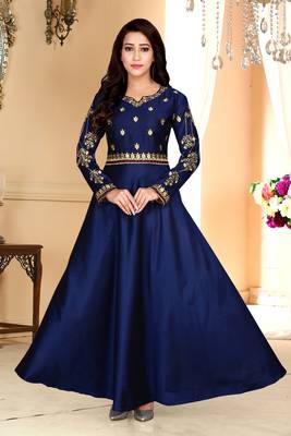 Navy Party Wear Gownblue Embroidered Satin Party Wear Gown 1