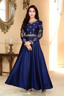 Navy Party Wear Gownblue Embroidered Satin Party Wear Gown 2
