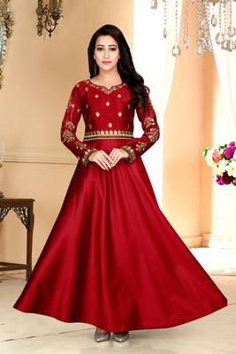 red embroidered satin party wear gown 1