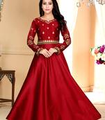 red embroidered satin party wear gown