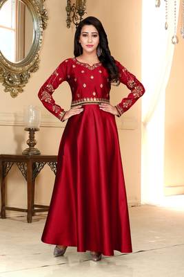 red embroidered satin party wear gown 2