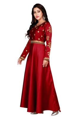red embroidered satin party wear gown 3