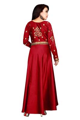 red embroidered satin party wear gown 4