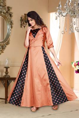 Brown Embroidered Satin Party Wear Gown 1