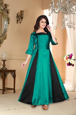 Green Embroidered Satin Party Wear Gown 1